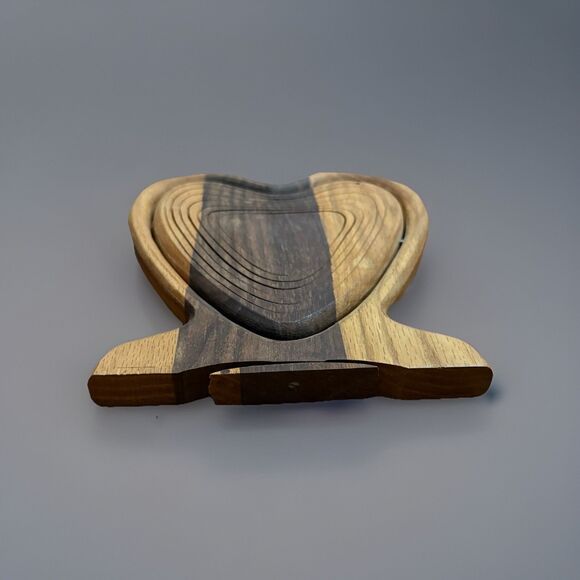 Vintage Mid-Century Accordion Wood Heart Shaped Folding Fruit Basket Trivet Bowl - Picture 7 of 8